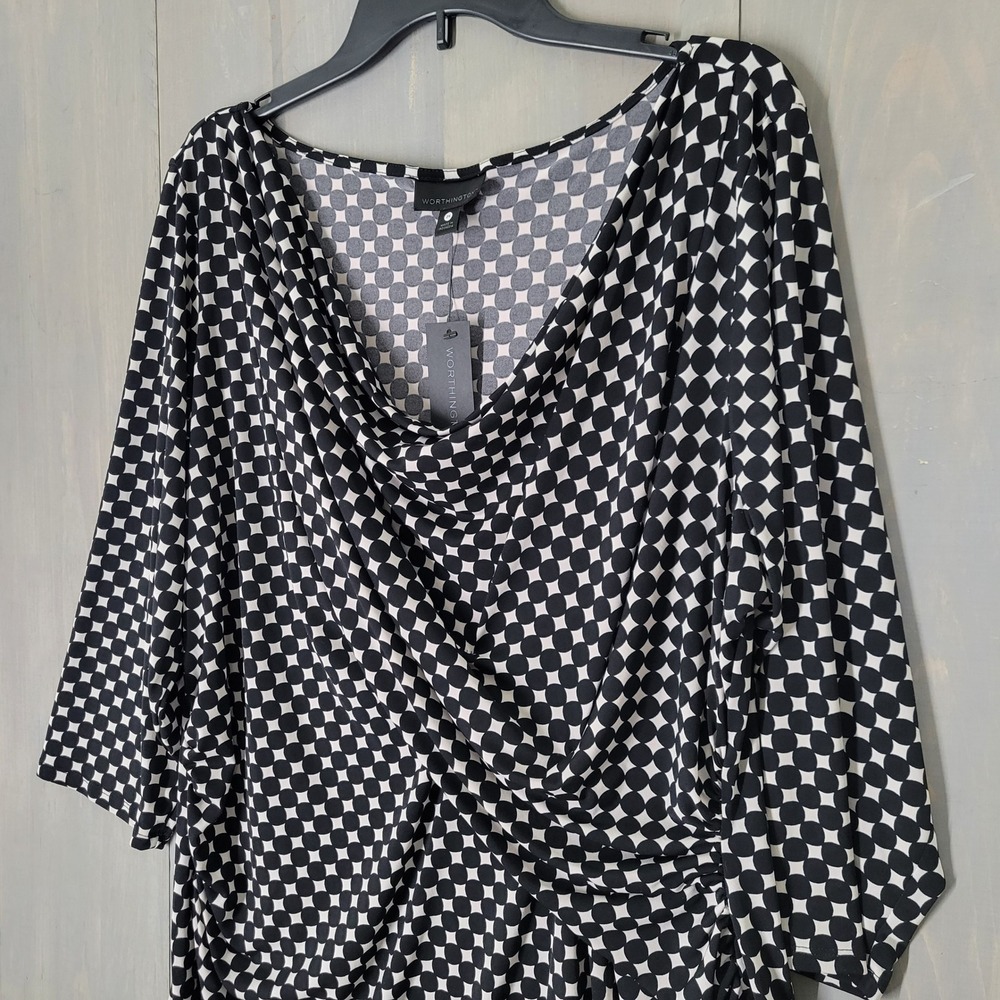 Worthington Blouse Womens 2X Black White Geometric Cowl Neck Ruched 3/4 Sleeve - Picture 2 of 8